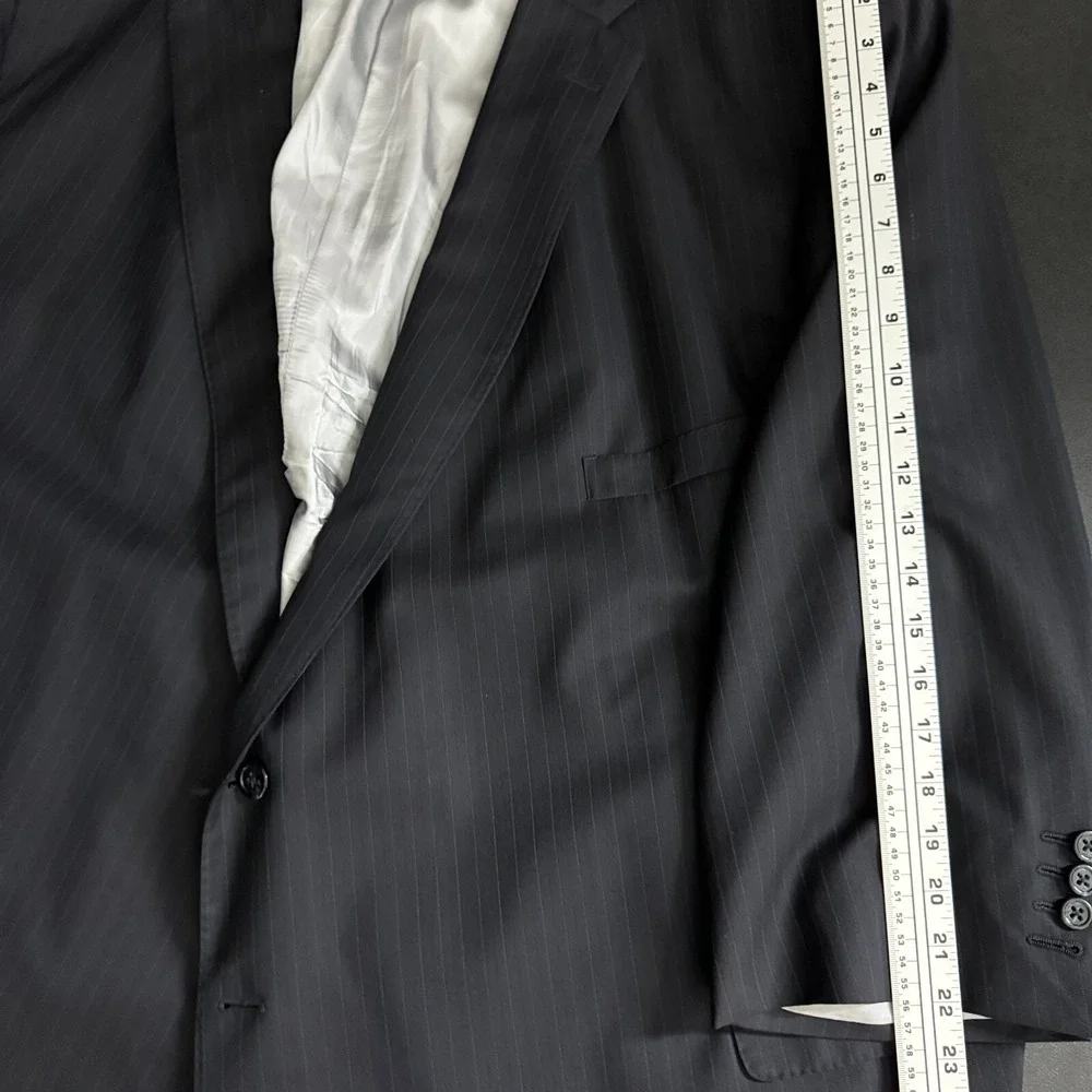 Royal Classic Suit Mens 60S 58W‎ Navy Blue Pinstripe Pleated Cuffed Wool Blend